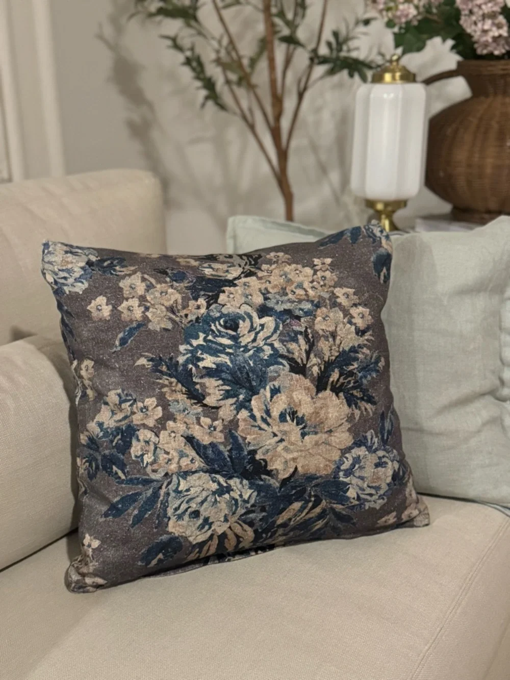 2/ Navy Blue and Brown Floral Linen blend Pillow Covers 20”